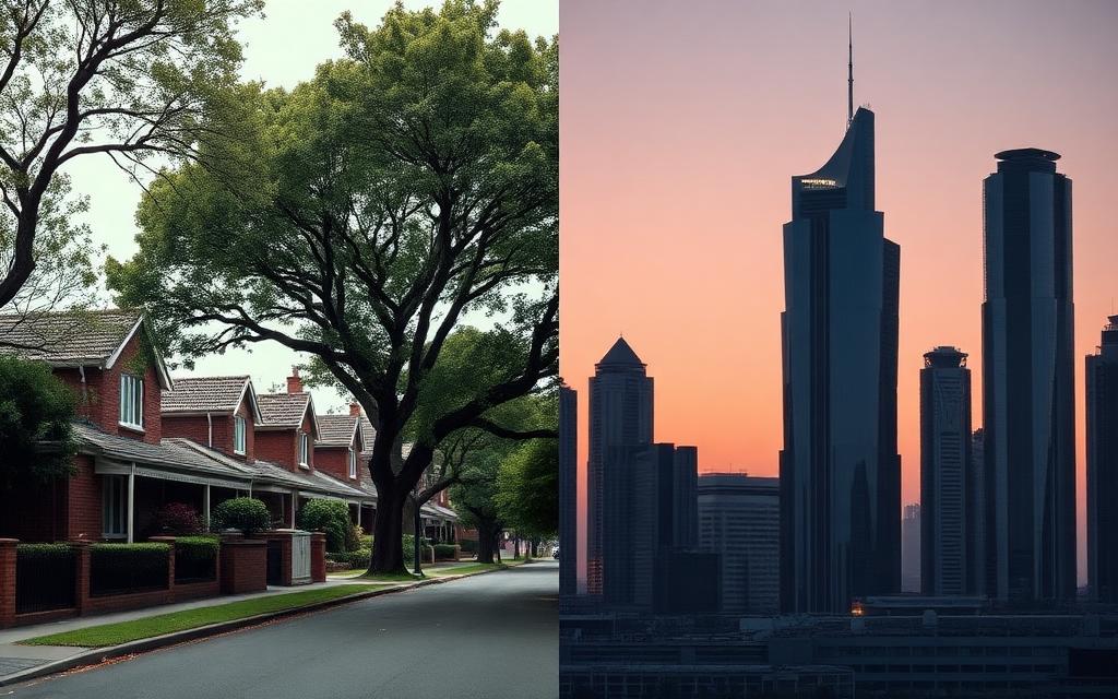 A leafy Melbourne suburban street beside the Dubai skyline at dusk