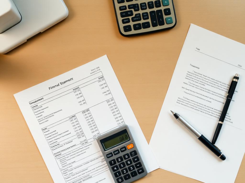 Printed financial statements, a calculator and a pen on a desk
