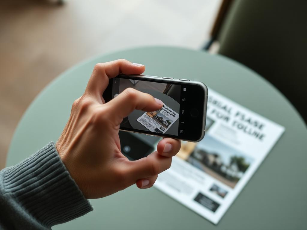 A hand photographing a printed property listing flyer with a phone